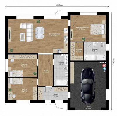 Одноэтажный дом с гаражом 152м2 на участке 12 сот.
